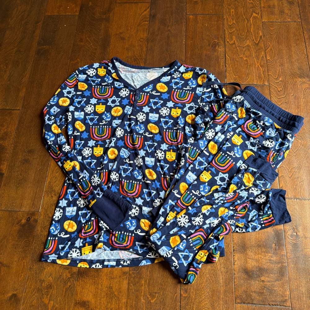 Little Sleepies Hanukkah Bamboo Pajama Set Navy Blue Women Small Top Jogger Pant